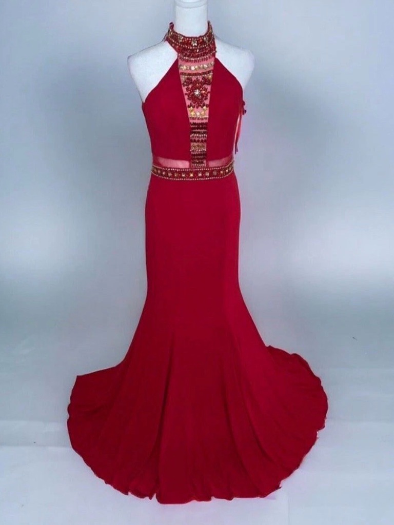 Womens Dave & Johnny Nwt Red Halter Neck Formal Prom Dress Jeweled Beaded 3/4